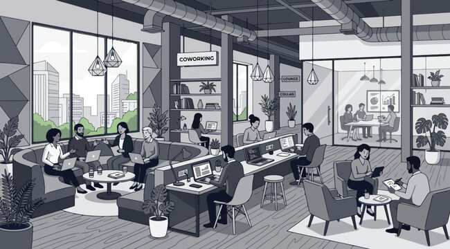 Modern coworking office space with diverse professionals working on laptops in a collaborative environment