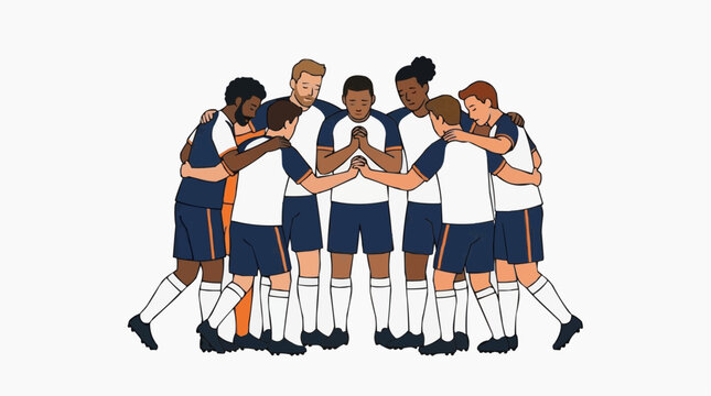Diverse soccer team huddle praying together before game showing unity and teamwork vector style