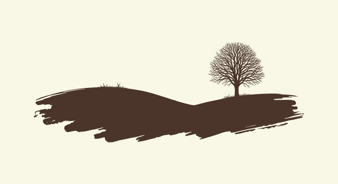 Minimalist Bare Tree Silhouette on a Brown Grunge Brushstroke Hill Landscape Vector Illustration