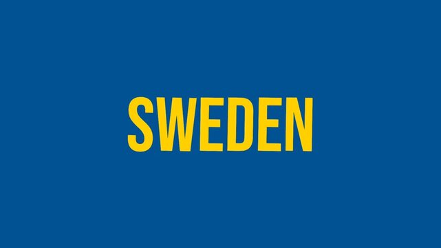 Bold Sweden text animated with yellow lettering on blue background, ideal for Scandinavian themes, travel visuals, national identity, and modern motion graphics.