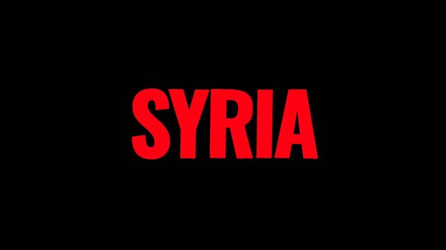 Clean bold Syria text animation with intense red lettering on dark background, perfect for news segments, geopolitical themes, Middle Eastern topics, and modern motion graphics.