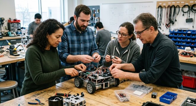 Adult students collaborating around a robotics kit in a community college lab