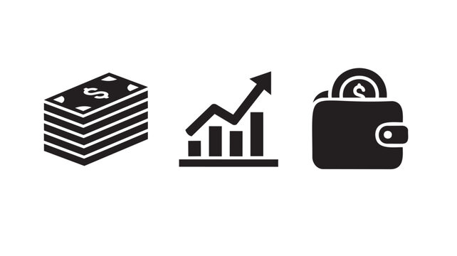 Set of 3 glyph icons related to finance and financial growth. 
Solid icon collection. Vector illustration