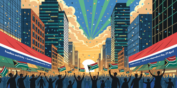 South african independence day celebration in a city with people waving flags