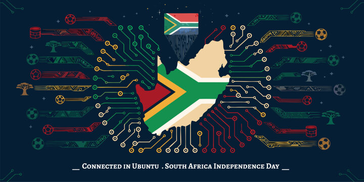 South africa independence day celebration with circuit board and flag