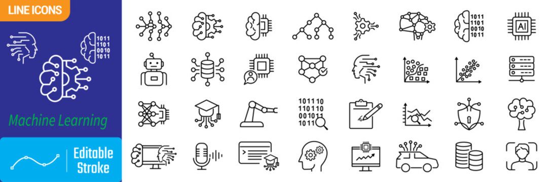 Machine learning line icon set. Icon sheet for algorithm, deep learning, data science and it's application. Containing AI brain, microchip, robot, data analysis, supervised, regression, pattern etc.
