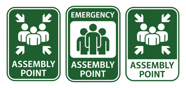 Assembly point emergency sign featuring evacuation meeting location symbols for safety instruction and printable poster design.