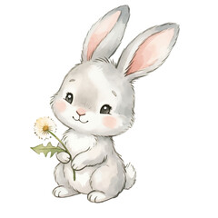 Fototapeta premium White cartoon rabbit holding a carrot cute Easter bunny illustration