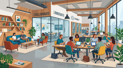 Obraz premium Modern coworking office interior with diverse professionals