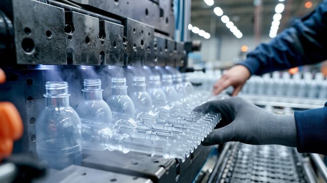 A plastic injection molding production process showing fresh bottle parts ejected from an open mold tool.