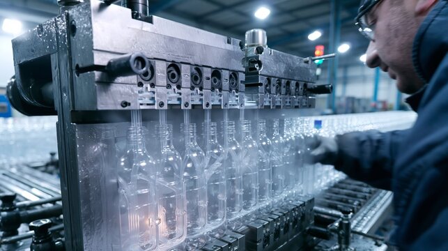 A plastic injection molding production process showing fresh bottle parts ejected from an open mold tool.