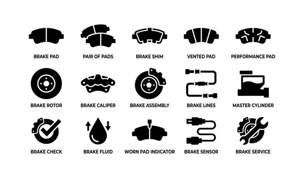 Automotive brake components and service icons on white background