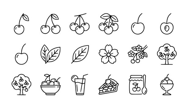 Black and white cherry outline icon vector collection isolated on white