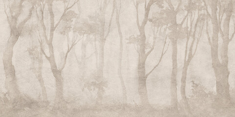 Vintage forest landscape mural in sepia tones, antique woodland wallpaper texture, ethereal misty tree grove illustration for interior design © T_H_E_A_R_T_I_S_T