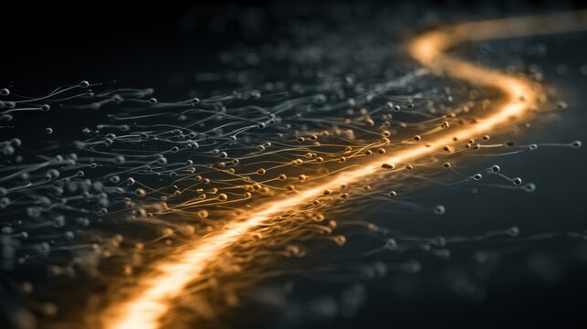 A stream of sperm cells moves through a microscopic channel with the best specimen glowing in warm gold against a dark background.