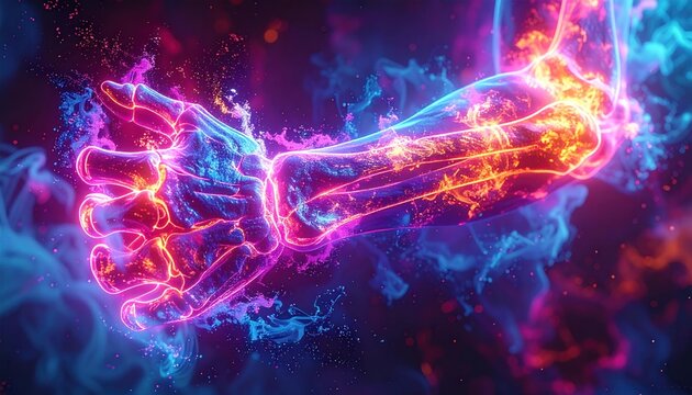 Glowing human arm skeleton with vibrant energy and smoke