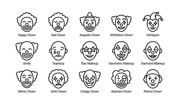 Clown face icons showing different makeup styles in grid