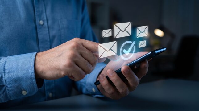 Close-up of hands holding smartphone with email notifications and a checkmark, illustrating digital communication