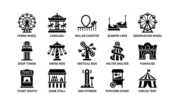 Amusement park ride and concession icons on white background
