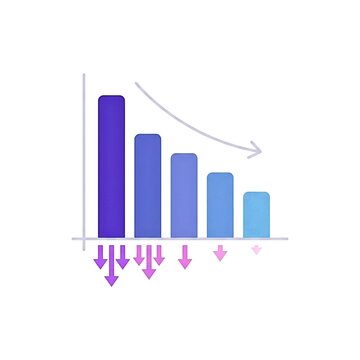 Purple bars decline, arrows point downward. Graph shows gradual reduction over time. Visual suggests decreasing values or trends. Use for business, finance, or data analysis