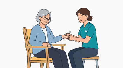Obraz premium Caregiver holding hands with elderly woman in chair showing support and compassion vector style