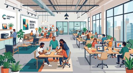 Obraz premium Busy creative office interior with diverse team working, meeting rooms, lounge area and open workstations