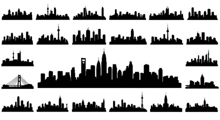Naklejka premium Collection of diverse city skylines and urban landscapes silhouettes.