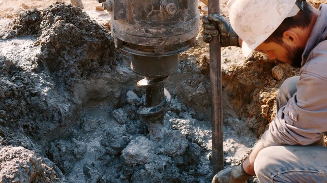 A drilling rig boring a groundwater well, with drill cuttings and formation water emerging at the surface.
