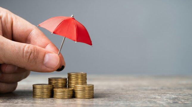 Hand holding a tiny red umbrella above ascending coin stacks, symbolizing financial protection, investment growth, and security