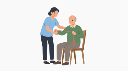 Obraz premium Nurse assisting elderly man with physical therapy exercise using resistance band vector style