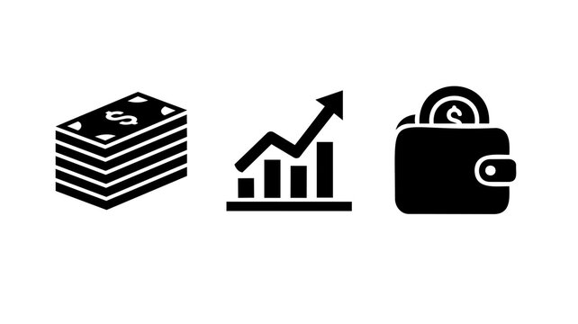 Set of 3 glyph icons related to finance and financial growth. 
Solid icon collection. Vector illustration