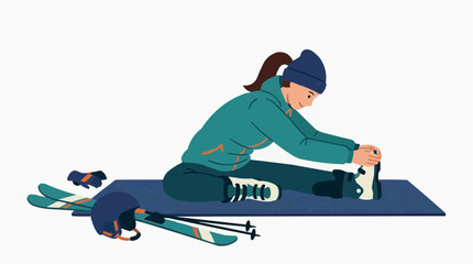 Fototapeta premium Woman stretching before skiing with skis helmet and gloves nearby on a mat vector style