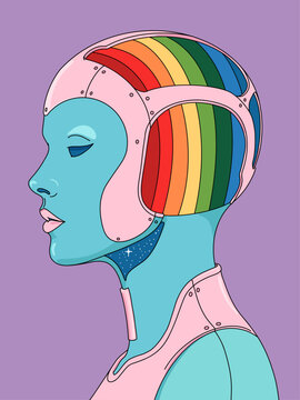Retro Sci-fi Illustration of a Female Robot Profile  Cutaway Head with Rainbows, Blue Sky with Stars and Pink Helmet. Surreal Hi Tech Human Hybrid Concept in Purple Background