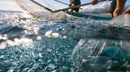 Naklejka premium Ocean cleanup volunteers collecting floating plastic debris from the water surface using mesh nets from a small boat.