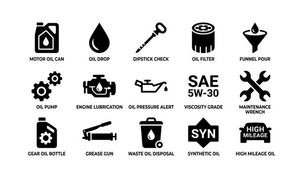 Motor oil icons displaying maintenance symbols on white background