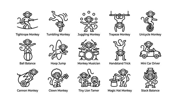 Circus monkeys performing tricks arranged in grid on white background
