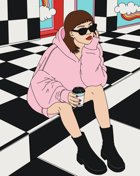 Vector Illustration of Trendy Young Woman in Pink Hoodie and Boots Sitting on Checkerboard Floor, Wearing Sunglasses, Holding a Coffee Cup. Surreal Landscape with Clouds and Rainbows