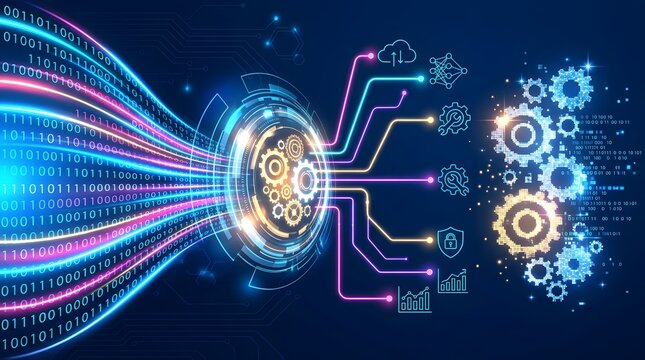 Artificial Intelligence Data Flow Network with Digital Automation Machine Learning Technology and Futuristic Computing Concept