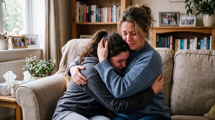 Obraz premium Mother and daughter embrace on living room sofa, showing emotional support and togetherness, comforting each other during difficult moment, surrounded by books and family photos