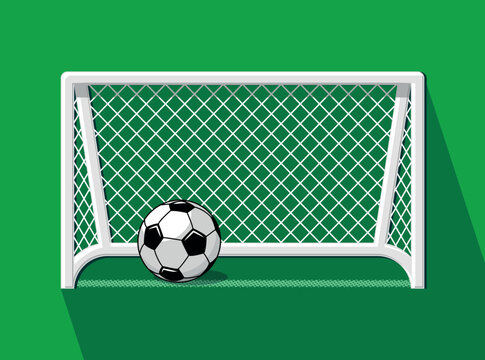 Football goal, ball in net, successful goal kick. Vector on a green background