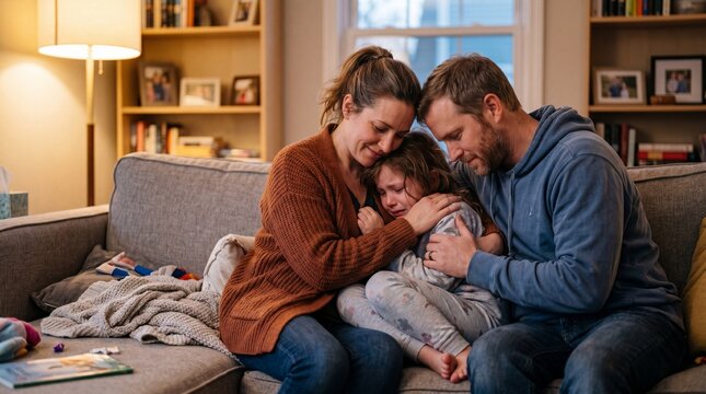 Family comfort emotional support togetherness living room cozy home caring parents sad child evening warm light love parenthood bonding