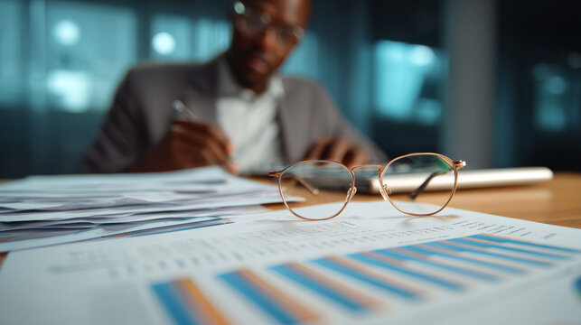 Close up of eyeglasses resting on financial documents with colorful charts, while a businessman works in the background. Modern office environment highlights data analysis and productivity