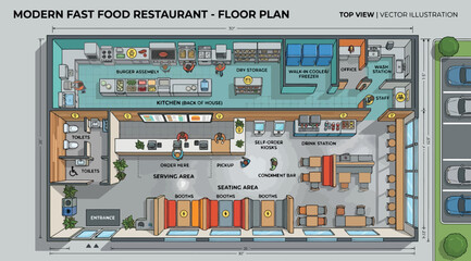 Modern fast food restaurant floor plan layout © S.Siam