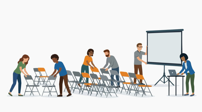 Diverse group of people setting up chairs and projector screen for a meeting or presentation vector style