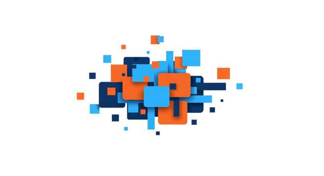Abstract geometric composition featuring overlapping squares and rectangles in vibrant orange, light blue, and navy blue with subtle drop shadows on a solid white background.