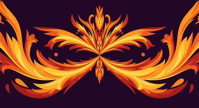 Abstract symmetrical vector illustration featuring stylized orange and yellow fire patterns, flame-like floral scrolls, and curved decorative ornaments on a dark background.
