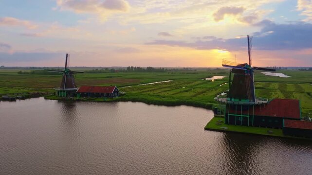 Zaanse Schans Windmills at Sunrise Aerial View in 4K