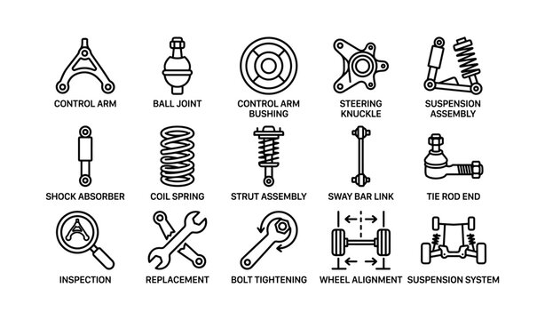 Suspension and steering part icons arranged on white background