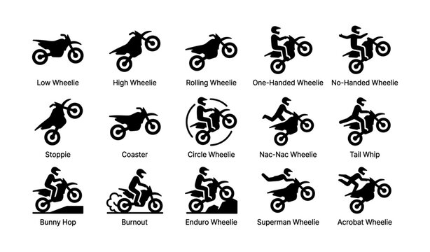 Motorcycle stunt icons showing wheelies and tricks on white background