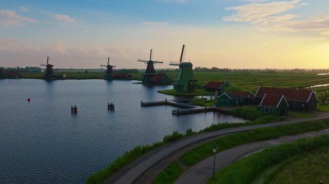 Zaanse Schans Windmills and Waterways Aerial Drone View 4K